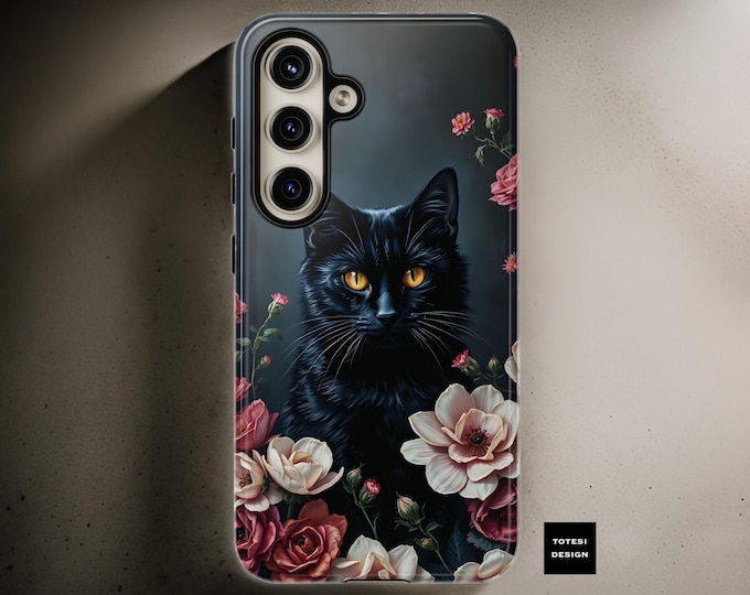 Black Cat Phone Case Gothic Floral iPhone 16 15 14 13 12 11 S25 S24 S23 S22 S21 Plus| black cat lover | gift for cat mom