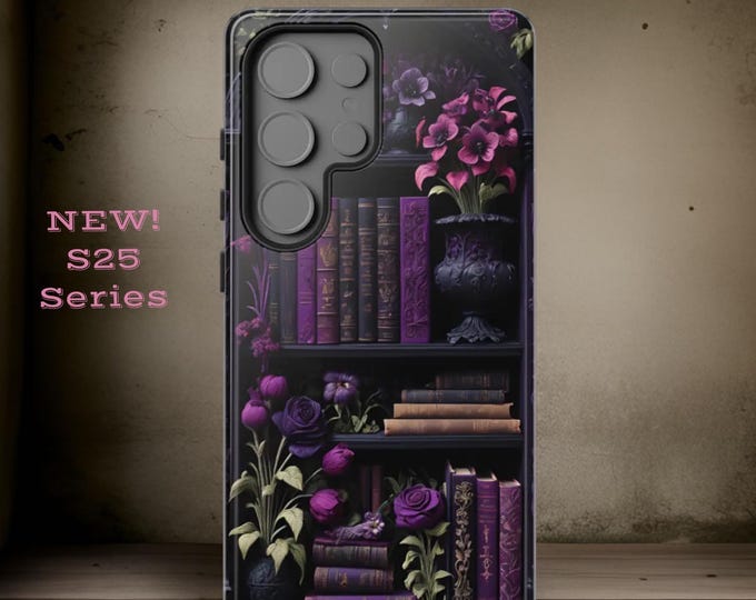 Purple bookshelf phone cases gothic dark academia floral books bookshelf, Google Samsung Galaxy S25 S24 S23 Plus Ultra, iPhone 16 15 14 13