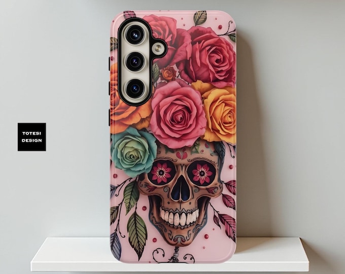Pink flower Skull Art Phone Case, Vibrant Floral Protective Cover, Day of the Dead Gift, Unique Tech Accessory, Phone Accessories