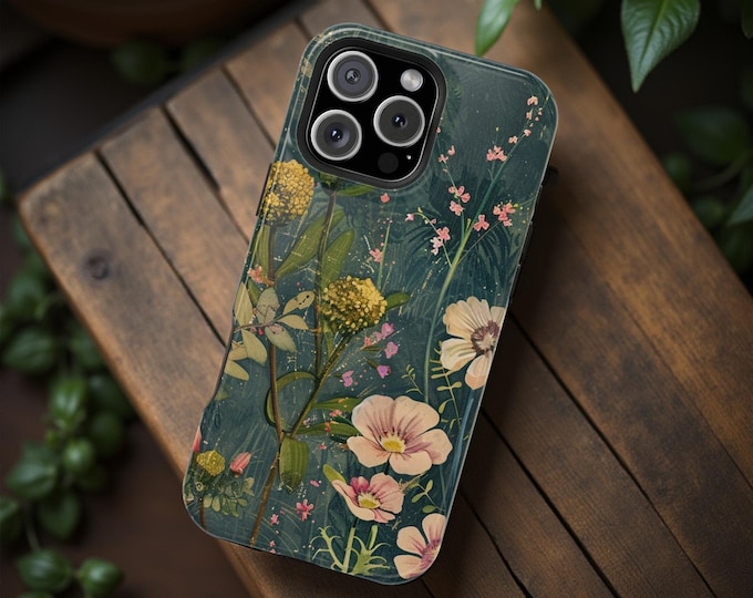 Vintage Grunge Botanical Magnetic iPhone Case, Floral Nature Gift for Mom, iPhone 16 15 14 13 Plus Pro Max, Tough Case