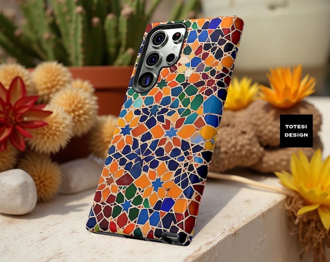 Mosaic Tile Phone Case: Boho Floral Art, Dual Layer Protection