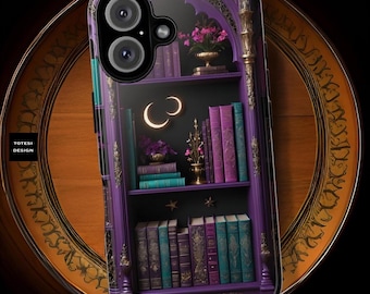 Purple Vintage Celestial Bookshelf iPhone Case: Fairytale Fantasy Tough iPhone Samsung Galaxy Phone Cover