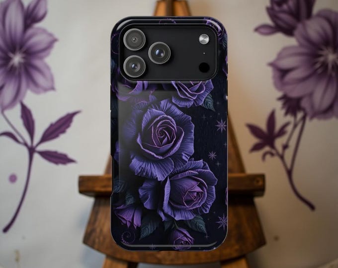Gothic Moody Floral iPhone Case: Dark Purple Roses, Impact Resistant