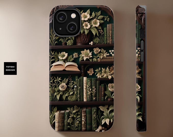 Magnetic MagSafe Comp. Tough Case, Whimsy Cute Flowers Bookish bookshelf iPhone Cover, Book Club Gifts, 16 15 14 13 Pro Max Plus Mini