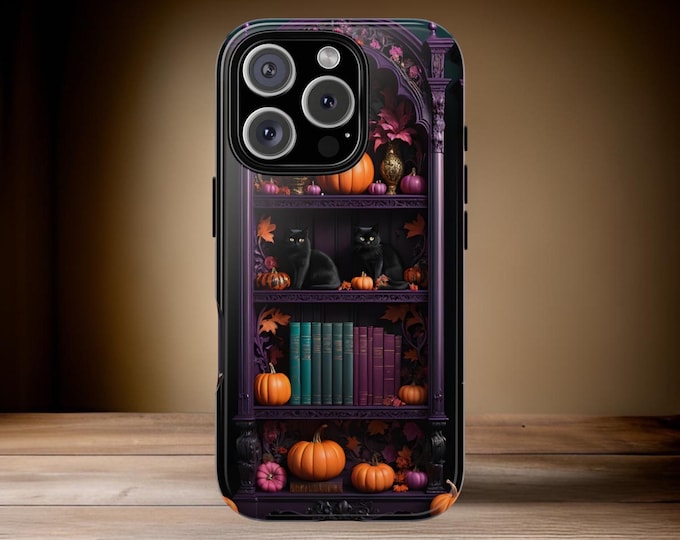 Halloween Bookshelf Books Cats Pumpkins iPhone Tough Cases 16 15 14 13 12 11 Samsung Galaxy S24 S23 Halloween Gifts