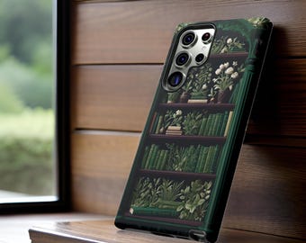 Gothic Bookcase Plants Green Phone Case, Tough Case for Samsung Galaxy & iPhone, Vintage Style, Book Worm Gift, Literary Accessory