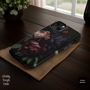 Dark Floral Academia, iPhone Tough Case 11, 12,13,14 15 Pro Max , Pro Max, Mini, Plus| ornamental Victorian Gothic floral,Glossy or Matte