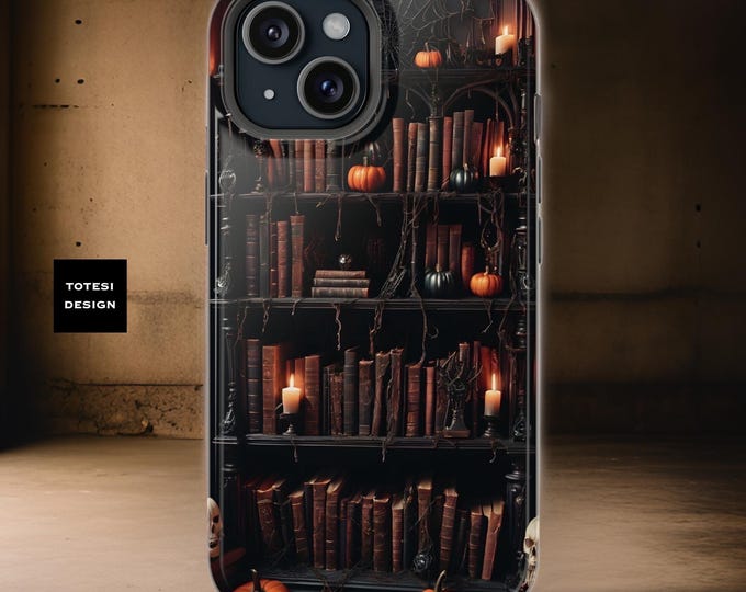 Fall Magnetic iPhone case Bookshelf Spooky Halloween bookish cute aesthetic tough phone case 13 14 15 Pro Max Plus Mini| Goth gifts