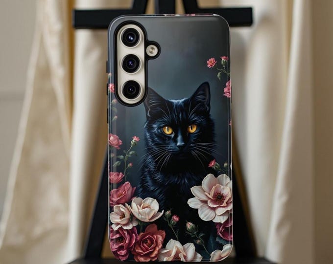 Gothic Black Cat Floral Samsung Phone Case: Celestial Witchy Design