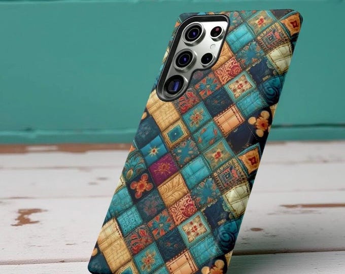 Cute Boho phone cases Cozy Quilt Pattern Turquoise Aesthetic tough iphone cases 16 15 14 13 12 Pro Max Plus | Quilter Gift Mom |S25 S24 S23