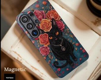 Black Cat Floral Case: Whimsical Witchy Goth MagSafe Cover