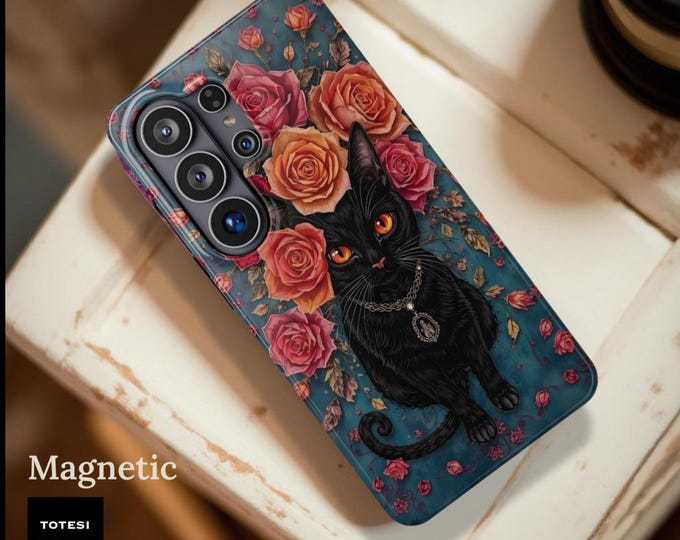 Black Cat Floral Case: Whimsical Witchy Goth MagSafe Cover