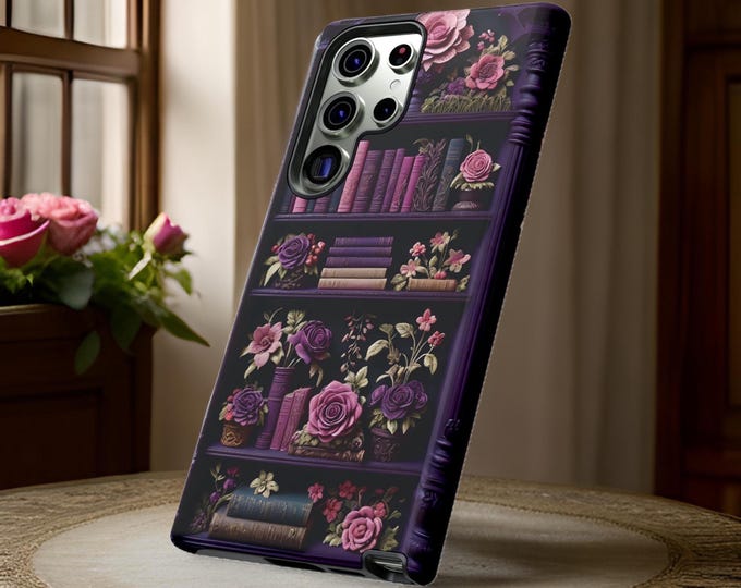 Cute phone case Floral Bookshelf Samsung A25 S24 S23 S22 Plus ultra cover, iPhone 16 15 14 13 12 11 Pro Max, Pro, Plus book worm reader