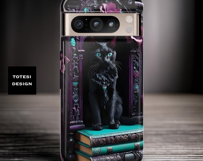 Gothic Dark Academia Black Cat Books Bookcase Google Pixel Tough Case 9 8 7 6 Pro Glossy Matte
