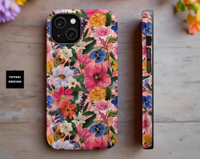 Pink MagSafe iPhone Case Summer Flower Garden Flower Magnetic Tough Case, Retro Colorful iPhone Case 16 15 14 13 Pro Max Plus Matte Glossy