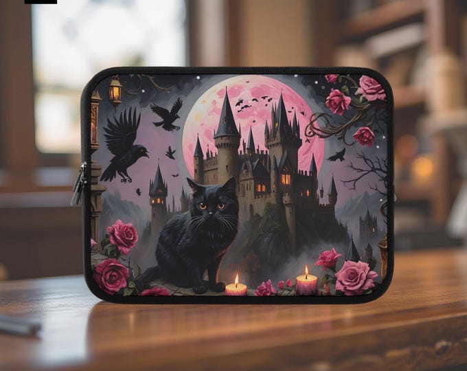 Mystical Cat Laptop Sleeve - Gothic Castle Design, Computer Case, Halloween Gift, Stylish Tech Accessory, Perfect for Cat Lovers
