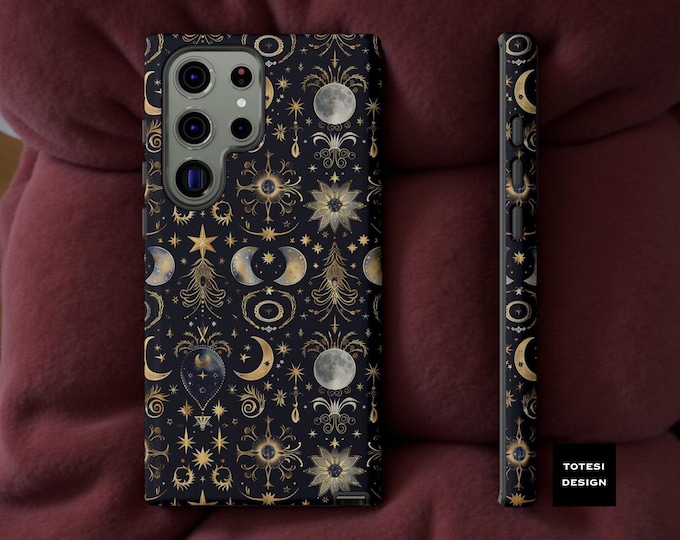 Celestial Tough Cases, Dark Moon Stars Phone Cases, Samsung Galaxy S25 S23 S24, iPhone 16 15 14, Sturdy Cover