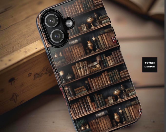 Vintage Bookshelf Phone Case: Dual Layer Protective Book Lover Gift