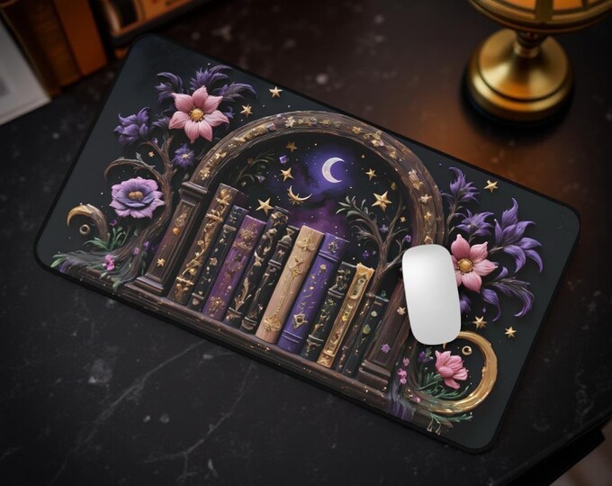 Magical Bookshelf Desk Mat | Aesthetic Home Office Decor, Perfect for Readers, Gift for Students, Cozy Vibe, Fantasy Lover's Desk