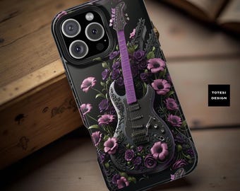 Dark Floral Guitar iPhone Case: MagSafe Tough Phone Cover