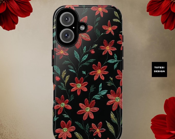 Red black Floral Phone Case for iPhone 16 15 14 13 12 11 Pro Max Plus Samsung S25 S24 S23 S22 Plus Ultra, Tech Gift for Her