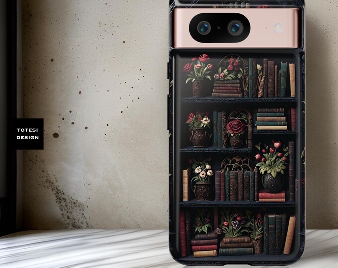 Gothic Floral Pixel Tough Case, Bookish Bookshelf Phone Cover, Dark Academia Reader, Whimsical Book Lover, Cute Goth Gift, Black Floral