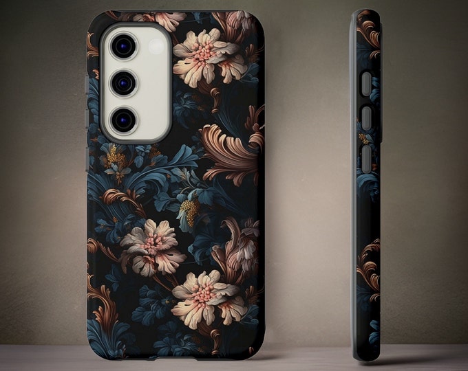 Samsung Galaxy Tough Case S23 S22 S21 Plus Ultra  | Dark black swirl floral foliage mauve/pink flowers | |Glossy or Matte
