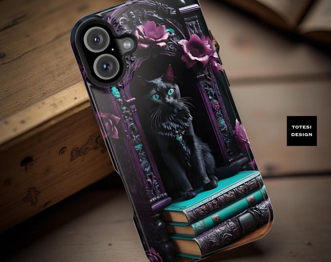 Floral Black Cat Books MagSafe iPhone Tough Case