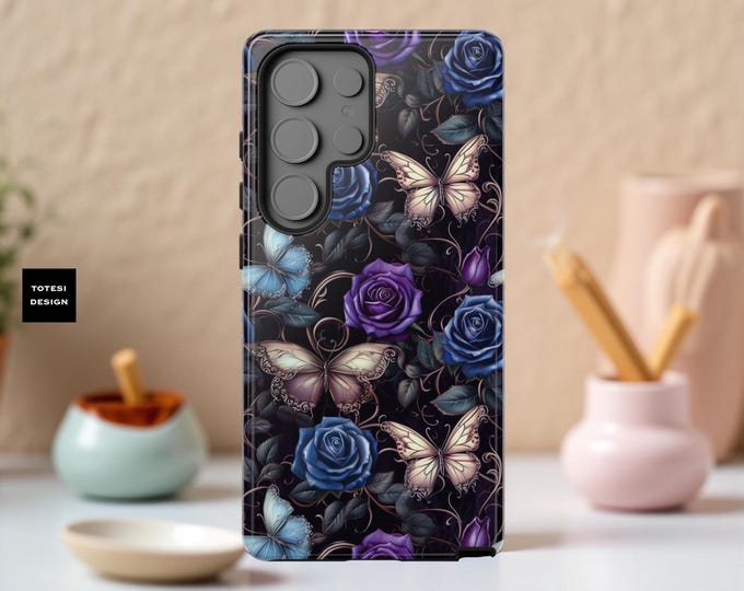 Dark floral butterflies tough phone case Samsung Galaxy S25 S24 S23 Plus Ultra, iPhone 11 - 16 , Google  Birthday Gift
