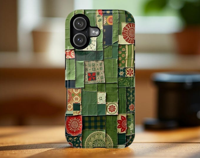 Green patchwork quilt art iPhone Magnetic MagSafe Tough Phone Case 17 16 15 14 Pro Max Plus