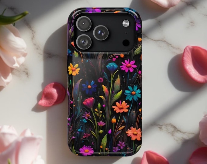 Black Neon Wildflowers MagSafe iPhone 15 16 17 Case: Glossy or Matte Finish