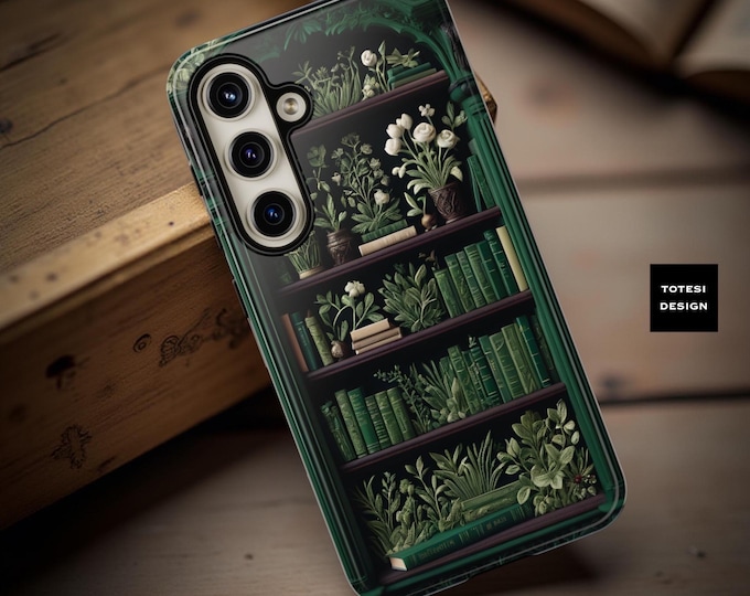 Green Gothic Bookcase Phone Case: Bookish Garden Library
