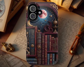May include: A phone case with a dark blue background featuring a crescent moon, stars, and a bookshelf filled with antique books. The case has a dual camera lens and a gold-colored trim.