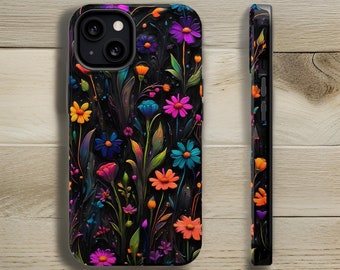 Black Neon Wildflowers Magnetic iPhone case  13 14 15 16 Pro Max Plus Mini | Glossy or matte | Unique birthday gifts