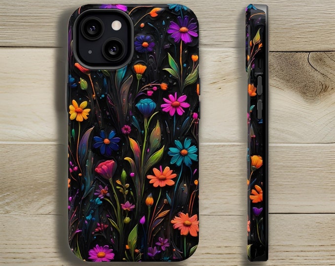 Black Neon Wildflowers Magnetic iPhone case  13 14 15 16 Pro Max Plus Mini | Glossy or matte | Unique birthday gifts