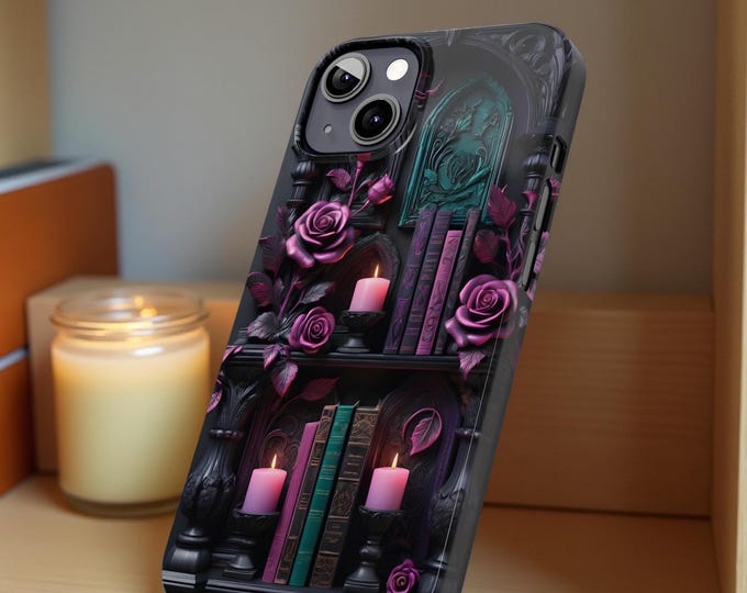 Dark floral academia Slim iPhone case, Bookworm Vintage Bookshelf goth whimsy, Book lover gift reader accessories, bookcase bookish gifts