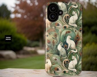 Green Art Deco Cats aesthetic iPhone tough case 17 16 15 14 13 12 Pro Max Plus Mini |Samsung Galaxy Cases S25 S24 S23 S22 Plus Ultra