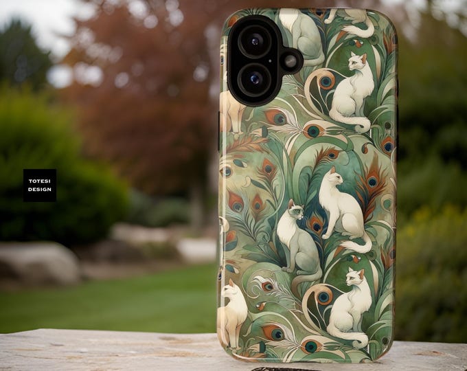 Green Art Deco Cats aesthetic iPhone tough case 16 15 14 13 12 Pro Max Plus Mini |Samsung Galaxy Cases S25 S24 S23 S22 Plus Ultra