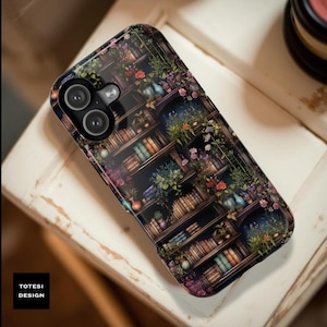 Magnetic Floral Bookshelf Phone Case: Dark Academia Tough Case, Magsafe Compatible