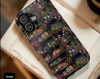 Magnetic Floral Bookshelf Phone Case: Dark Academia Tough Case, Magsafe Compatible