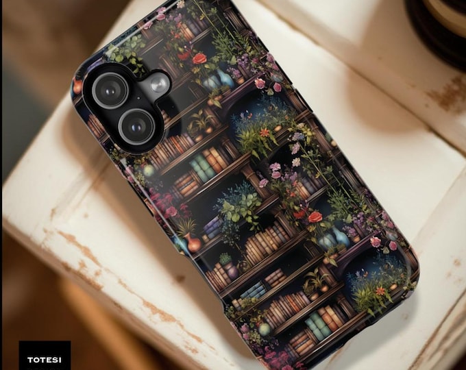 Magnetic Floral Bookshelf Phone Case: Dark Academia Tough Case, Magsafe Compatible
