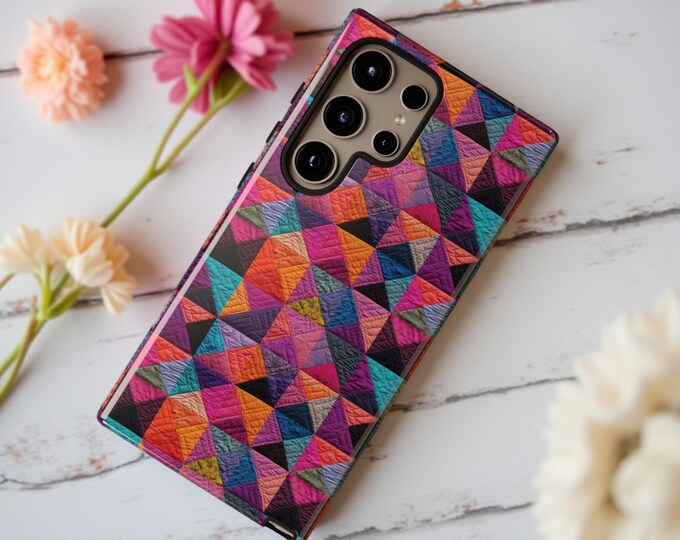 Patchwork Pink Sturdy Phone Cases Quilt PatternSamsung Tough Cases S25 S24 S22 S23 Plus Ultra | iPhone 16-11 Pro Max Plus Glossy or Matte