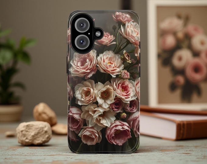 Cell phone case pink flowers black iPhone Tough Case 11, 12,13,14 15 16 Pro Max Plus Samsung Galaxy S25 S24 S23 S22| Gothic Glossy or Matte