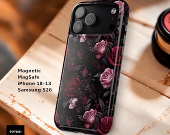 Dark Berry Roses iPhone MagSafe Case: Gothic Floral Tough Case