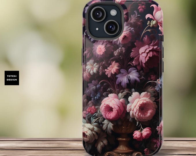 Vintage Rococo Floral MagSafe iPhone Sturdy Case, Pretty Pink Women Phone Cover, Magnetic Tough Cases