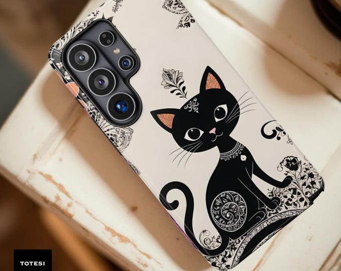 Black Cat Floral Art Tough Phone Case - Whimsical Cat Lover Gift