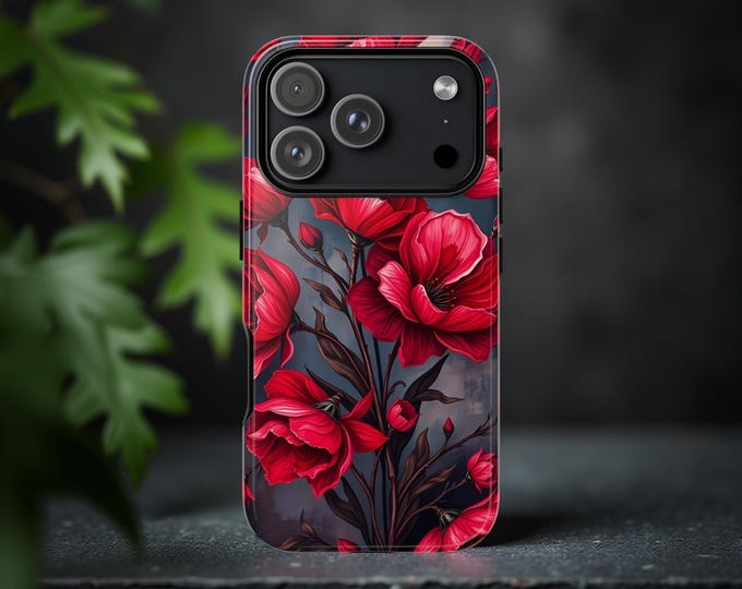 Red Floral Tough Phone Case | Botanical Art Design