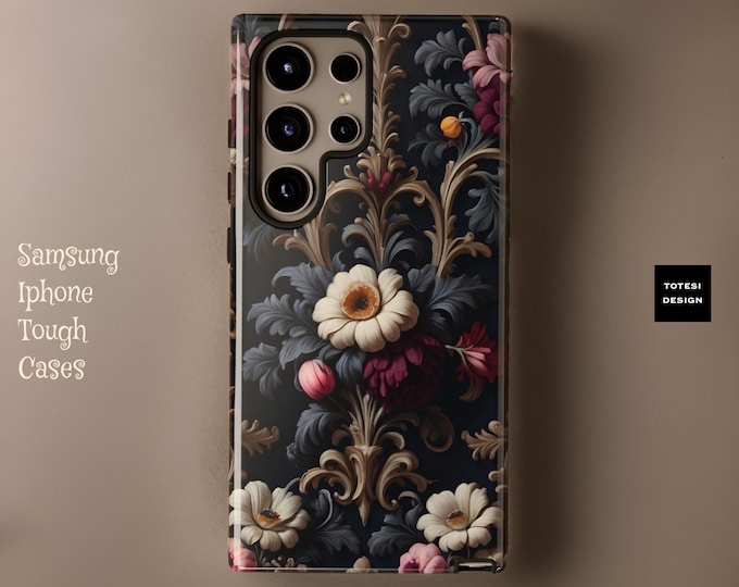 Dark Floral Rococo Tough Phone Case: Samsung S25 S24  iPhone 17 16 15 Pro