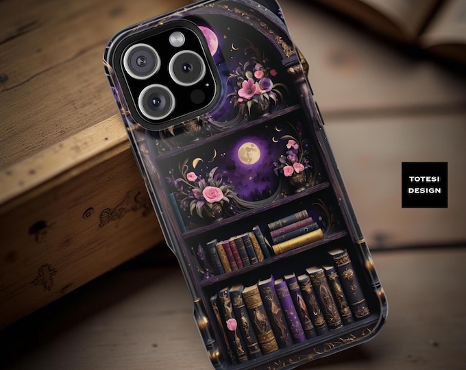 Purple Bookshelf iPhone Case: Floral Book Lover, MagSafe Compatible