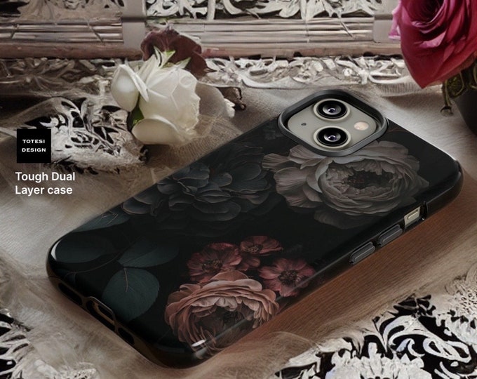 Dark Floral Academia, iPhone Tough Case 11, 12,13,14 15 Pro Max , Pro Max, Mini, Plus| ornamental Victorian Gothic Black | Glossy Matte